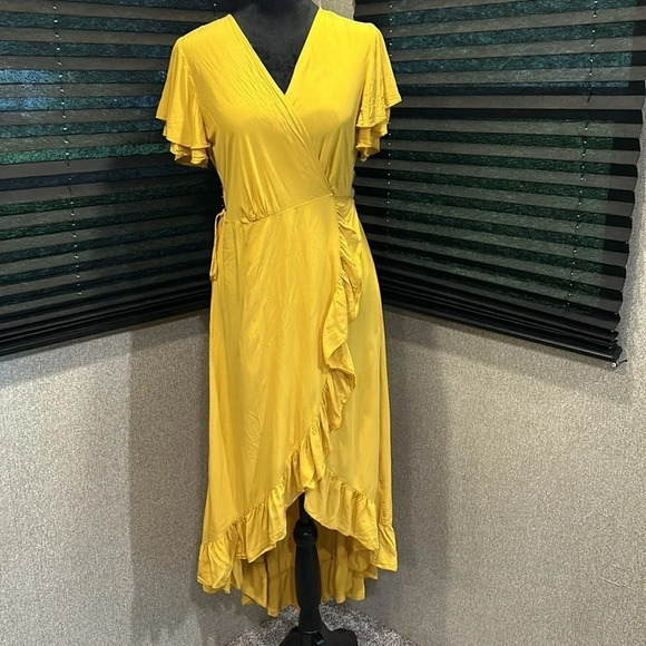 Simplee Women’s Ayla Ruffle Wrap Dress in‎ Mustard V-neck 100% Cotton SZ Small - Picture 5 of 13
